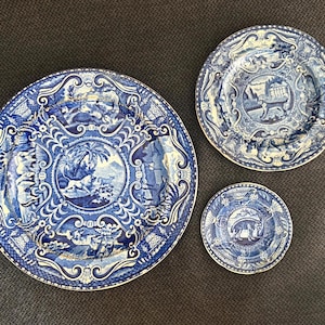 Rare 3-Piece Antique John Hall & Sons Quadrupeds Transferware Set | 1820s British Blue + White Collection | Lion, Mastiff, Hyena Plates