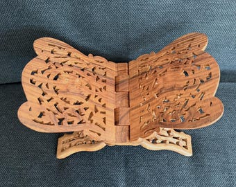 Vintage Hand Carved Wood Folding Book Stand - Intricate Floral Fretwork Rehal - Boho Chic Tabletop Lectern - Holy Book Caddy