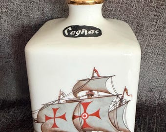 Vintage Camus Cognac Maritime Porcelain Decanter - Santa Maria Sailing Ship & Ganges Dinghi - 70s Barware Bottle with Nautical Coastal Decor