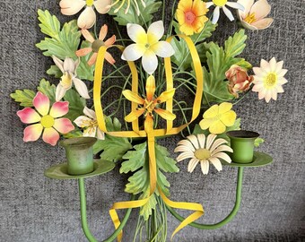 Vintage Italian Tole Floral Sconce c. 1960 - Metal Wildflowers with Yellow Bow 2-Light Candle Wall Candelabra - Cottagecore Home Decor