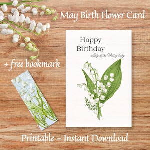 Carte de joyeux anniversaire fleur de naissance de mai - carte d'anniversaire imprimable fleur de naissance de muguet avec signet gratuit - carte d'anniversaire numérique de muguet