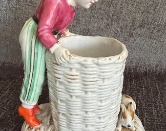 Antique German Porcelain Spill Vase - Boy with Orange Boots & Bunny Pencil Holder - 19th Century Figural Catchall - Whimsical Desk Decor