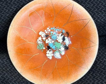 Vintage Mid Century Gerte Hacker Enamel on Copper Jewelry Dish - Signed MCM Orange Sunflower Trinket Bowl - 60s Glass Frit Pin Tray