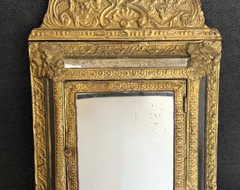 19th Century Antique Dutch Baroque Repoussé Brass Cushion Mirror Cabinet - Ornate Flemish Hallway Vanity Curio Box with Embossed Interior