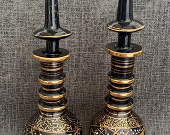 Vintage Mid Century Bohemian Amethyst Crystal Decanters with 24K Gold Filigree & Jewel Dots - Hollywood Regency Genie Bottle Bar Cart Set