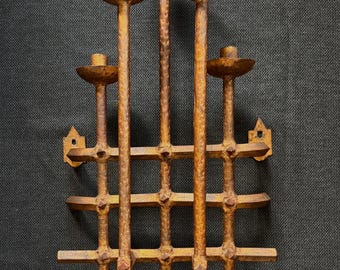 Mid-Century Brutalist Wall Candelabra – Large 5-Light Hanmered Finish Gilt Metal Sconce – Spanish Colonial - Gothic Revival Castlecore Decor