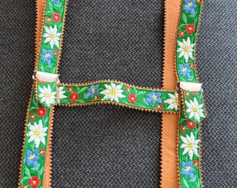 Vintage Embroidered Leather Suspenders - Edelweiss Lederhosen Braces - Alpine Folk Art Floral Cottagecore Tyrolean Handmade Accessory - 1'W
