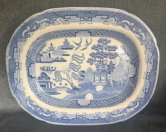 Rare 18" Antique Blue Willow Platter c. 1840s - Huge Early Victorian Staffordshire Earthenware Serving Dish - Holiday Tablescape Centerpiece