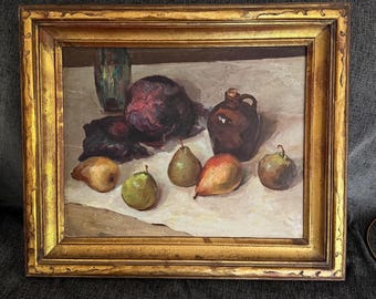 Antique Impressionist Still Life Painting - c.1900 Moody Autumnal Oil on Canvas Art - Curated Interior Design 26x22 Carved Gilded Wood Frame