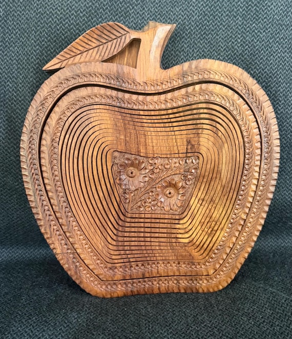 Hand Carved Hardwood Collapsible Fruit Basket Apple Shape - Vintage Kinetic Folk Art Wooden Transforming Bowl - Tramp Art Style