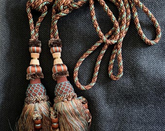 Vintage Parisian Luxury Tassel Curtain Tiebacks Pair - Turquoise & Copper Passementerie Ornate Drapery Holds with Lattice Gimp Work