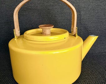 Vintage Yellow Copco Teakettle by Michael Lax #117 Spain - Mid Century Danish Modern Enamel Cast Iron Teapot