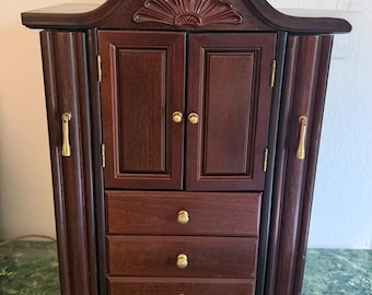 Rare Archival The Bombay Company Vintage Jewelry Armoire - 19" Tabletop Chest Arched Bonnet Top Mahogany Wood Green Velvet - 1990s Organizer