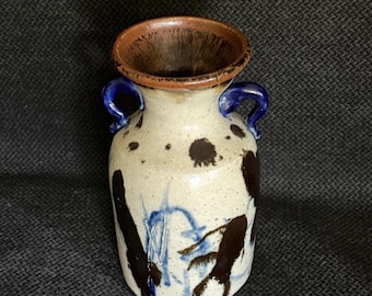 Vintage 1970s Italian Style Brutalist Studio Pottery Vase | Emotional Mid Century Modern Stoneware Urn | Abstract Sgraffito Cobalt & Brown