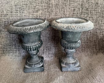 Vintage Cast Iron Topiary Tree Mini Urn Planters Pair - 5" Miniature Neo Classical Campana Pedestal Garden Urns - Weathered Gray Shelf Decor