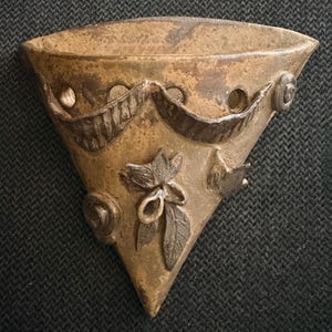 Vintage Signed Studio Art Pottery Wall Pocket Vase - High Relief Organic Rosette Leaf Swag Hanging Planter Ceramic Catchall or Mail Holder
