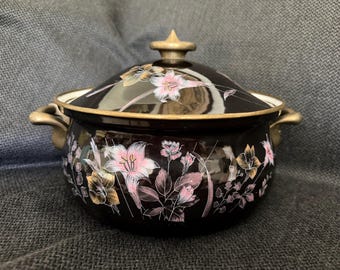 Vintage Mikasa Ebony Meadow Enamel Dutch Oven 3 Qt Casserole Pot with Lid | Floral Chintz Covered Stockpot | Ejiri Japan Grande Chef