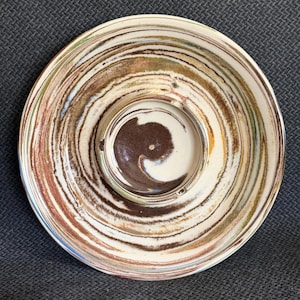 Vintage 1970s Marbled Swirlware Pottery Ashtray | Psychedelic Agateware Catchall Dish | Earthy Blue & Brown Ceramic Vide Poche Tray