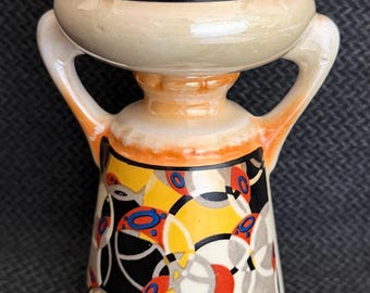 Vintage 1920s Czech Art Deco Lusterware Mantle Bud Vase - Tango Geometric Porcelain 5.5” Candlestick - 1930s Candle Holder