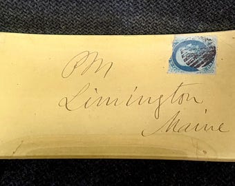 Vintage John Derian Rare Hand Signed Decoupage Glass Tray - Early 1990s Studio Piece - Antique Envelope Limington Maine 1c Franklin Stamp