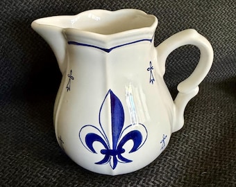 Vintage French Faience Pitcher - Hand Painted Fleur de Lis Creamer Pornic France - Blue & White Bretagne Pottery - French Country Farmhouse