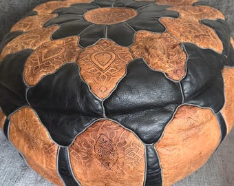 Vintage Moroccan Leather Pouf - 1970s Hand Tooled Camel Leather Two Toned Ottoman Floor Cushion - Boho Decor Midcentury Footstool Cover