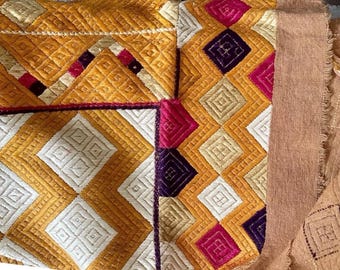 Antique Phulkari Bagh Shawl Hand Embroidered Floss Silk Khaddar Textile - Geometric Wedding Wrap Wall Hanging Art Panel - Boho Bed Decor