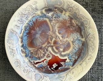 Signed Studio Art Pottery Crystalline Glaze Bowl 2006 - Oxblood Red Iridescent Butterfly Wing Blue - Macro Crystalline Ceramic Plate CLA 06