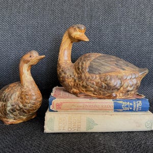 May include: Two brown, textured duck figurines with carved feather details. One smaller duck stands to the left, while a larger duck rests atop a stack of two vintage books. The top book is blue and red, and the bottom book is cream-colored.