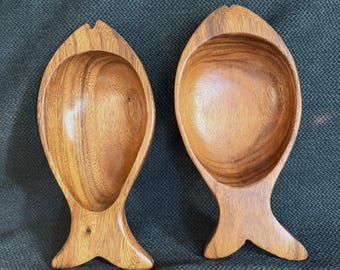 Pair - Vintage Alii Woods Honolulu Monkey Pod Fish Bowls - Mid-Century Modern Sculptural Hand Carved Wood Dishes - Hawaii Circa 1960s