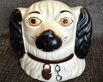 Vintage Staffordshire Dog Coin Smash Bank - Black & White King Charles Cavalier Spaniel - 1940s Ceramic Money Box - Made In England Decor