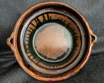 Antique Mexican Redware Bowl w/Green Drip Glaze - Vintage Folk Art Terra Cotta Cassole Traditional Pottery - Rustic Southwest Kitchen Decor