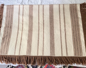Vintage 100% Alpaca Wool Blanket Artesanias Mon Repos Peru | Striped Neutral Hand Knotted Fringe Throw | Luxury Boho Cabin Bedding Decor