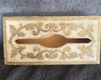 Vintage Florentine Wooden Stationery Box - Italian Gold Gilt Letter & Desk Organizer - Florentia Hand Made in Italy Shabby Chic Tissue Cover