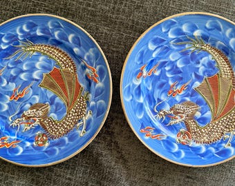 Vintage Japanese Moriage Dragonware Plates - Pair Blue Cobalt Gold Rim 7 Inch Nippon Dragon Porcelain Cabinet Plate Set - Hand Painted 1950s