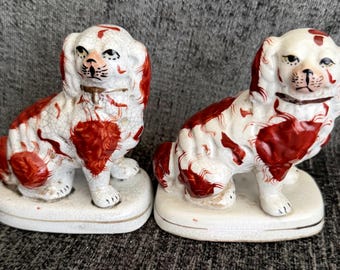 Antique Victorian Staffordshire Dogs Mismatched Pair - Red & White Left Facing Spaniel Figurines - English Country House Mantel Decor