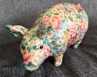 Vintage Joan Baker Designs Porcelain Patchworks Pig - Large 11" Centerpiece Chintz Floral Pig Figurine - English Floral Country Chic Decor