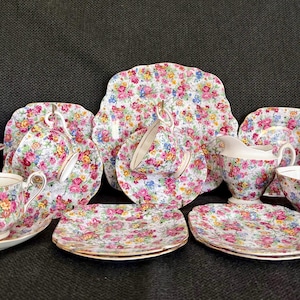 Royal Albert Country Rose Chintz Tea Service -Choice of Cup + Saucer, Creamer + Sugar, Cake Plate, B+B Plates - Vintage English Bone China