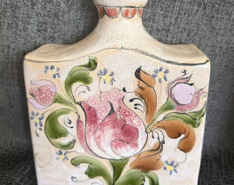 Vintage Schiavon Italian Pottery Vase - Hand Painted Tulip Flower Textured Flask Decanter - Mid Century Studio Ceramics Made in Italy Signed