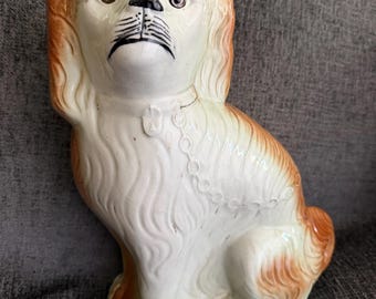 Antique Victorian Staffordshire Dog XL - Glass Eyes & Celedon Tint Left Facing Spaniel Figurine - English Country House Mantel Decor