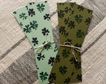 4 Leaf Clover Bookmark – Hand-Printed Linocut Shamrock Bookmarks – Set of 2 Green & Black St. Patrick’s Day Gift