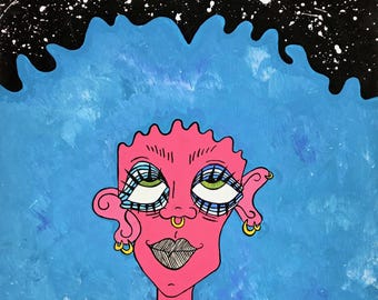 Original Hand-painted Vibrant Pop Art Blue Hair Pink Face girl on canvas Artwork
