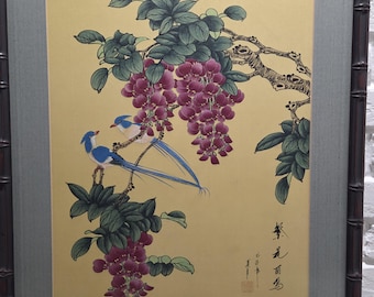 Japanese Original Painting On Silk Signed Long Tail Blue Birds Blooming Wisteria