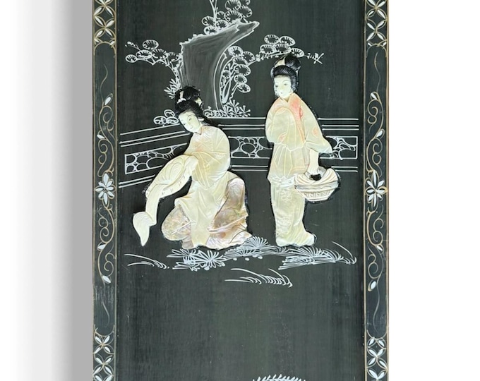 Vintage Mother Of Pearl Asian Art Hand Painting Wall Hanging Wood Black Lacquer