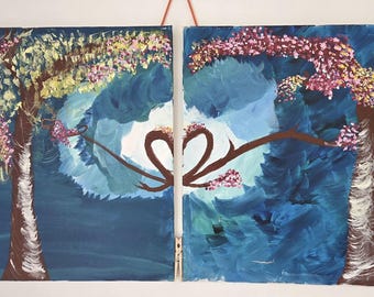 Original Diptych Tree Painting Heart Branches Romantic Cherry Blossom Canvas Art