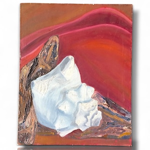 May include: An abstract oil painting featuring a white, textured form against a vibrant red and orange background. The artwork includes brown and tan brushstrokes, creating a sense of depth and texture. The painting is on a rectangular canvas.
