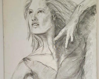Original Female Figure Pencil Drawing - Signed & Dated 2000 - Large Graphite Sketch