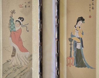 Japanese Art Geisha Girl Color Painting On Silk Signed Original Oriental Tapestry