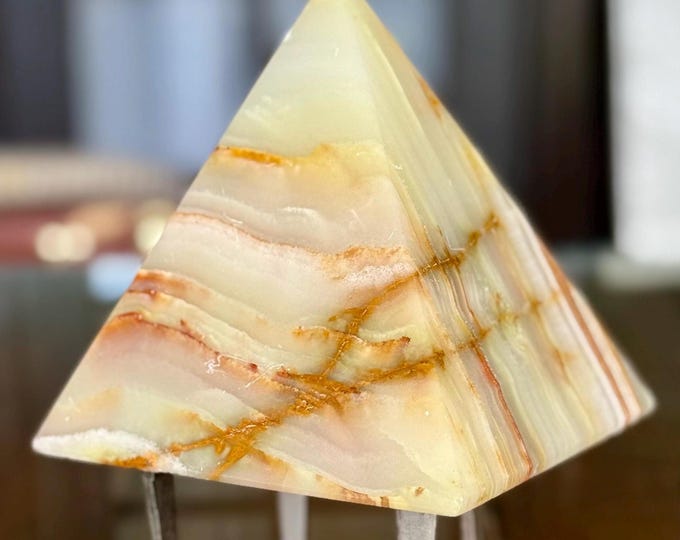 Natural Mexican Green Yellow Onyx Banded Calcite 5” Pyramid Crystal Carved Decor
