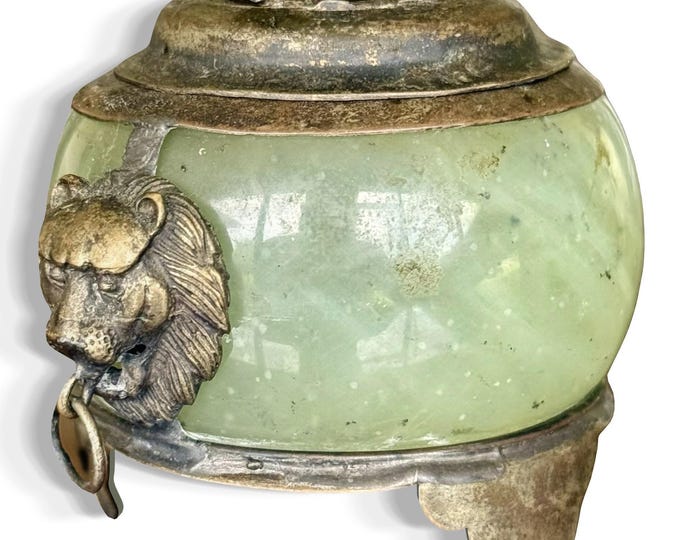 Antique Green Nephrite Jade and White Metal Foo Dog Dragon Incense Burner Jar Chinese